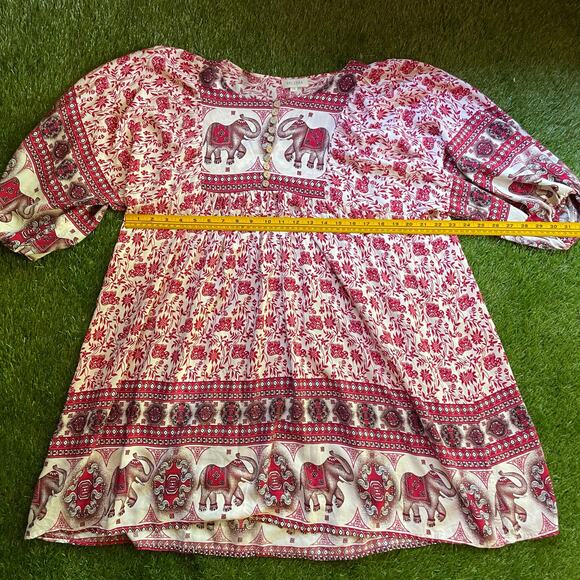 Boho Hippie Red & White Elephant Print Dress Tunic with Balloon Puff Sleeves 3XL - Picture 2 of 4